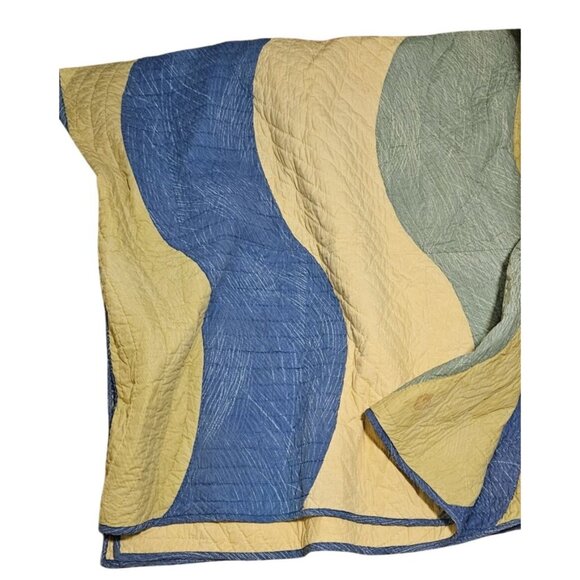 Vintage Crate & Barrel 92x92 Cotton Quilted Blanket Blue/Yellow Ocean Vibe READ - Picture 1 of 4